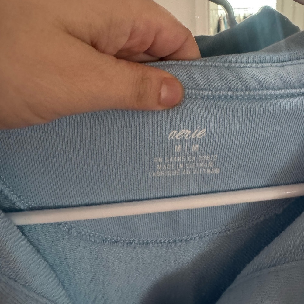 AERIE Happy Henley Everyday Polo Oversized Pullover Sweatshirt- Baby Blue - Picture 4 of 4